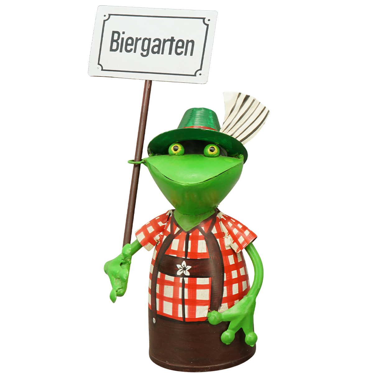 Zaunhocker Frosch Landhaus, Metallfrosch in Lederhose mit Schild Biergarten, 20cm