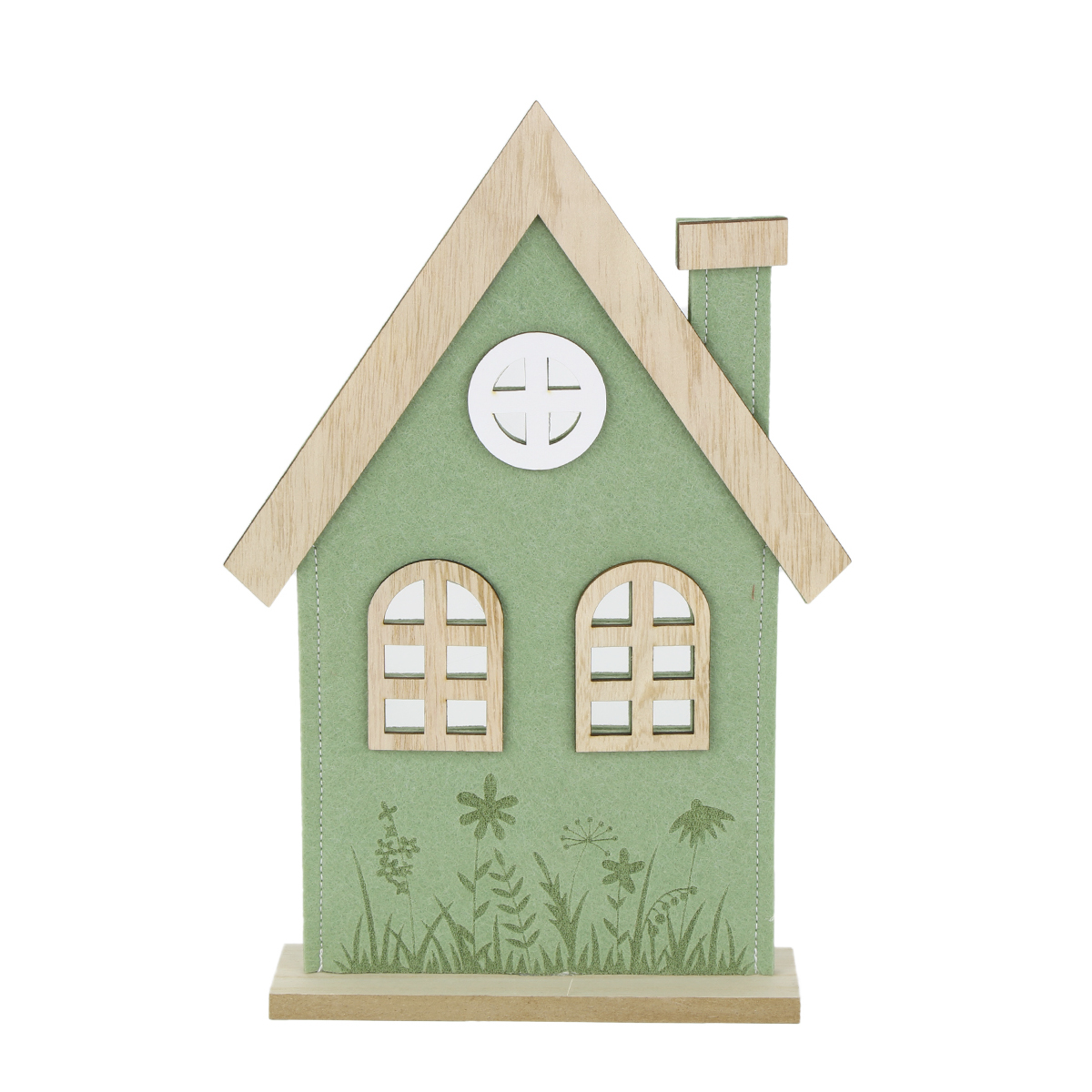Deko Haus, Filzhaus mit Blumenwiese, grün-natur, 22x30cm, Aufsteller
