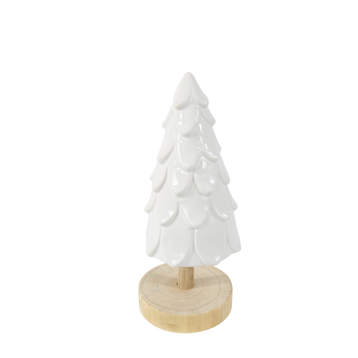 Deko Tannenbaum, weißer Keramikbaum auf Holzfuß, 22cm