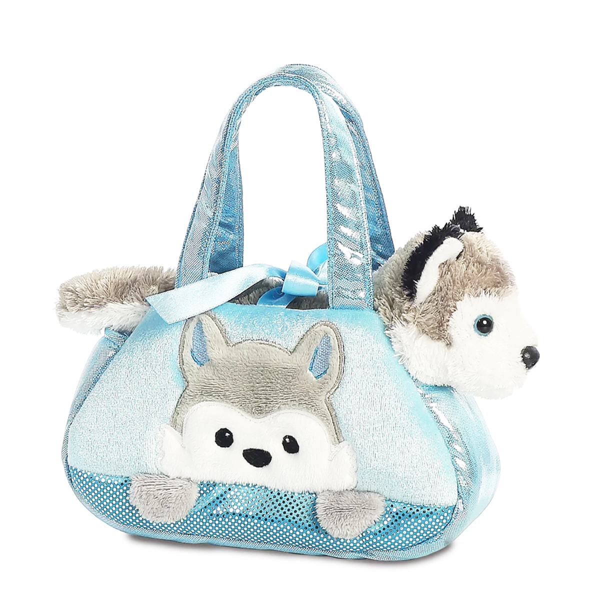 32789_01J8F3Q3YHVZVRNRQM0QXZ7ZC4m8GpyqagwsZ10 Plüsch Tasche mit Stofftier Hund Husky grau-weiß, Fancy Pals, Peek-a-Boo, 20cm, Aurora World