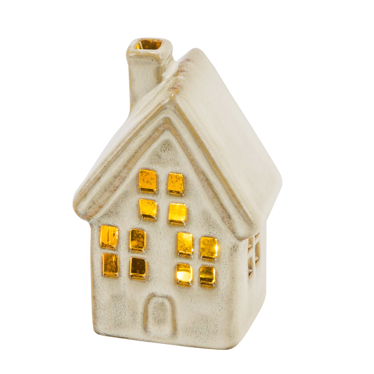 LED Haus Winter Rustikal, Keramikhaus beleuchtet, creme, 7x11cm