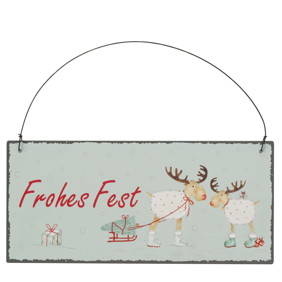 Schild Hirsch Fia Frohes Fest, Lustige Hirsche mit Schlitten, Boltze Home Collections
