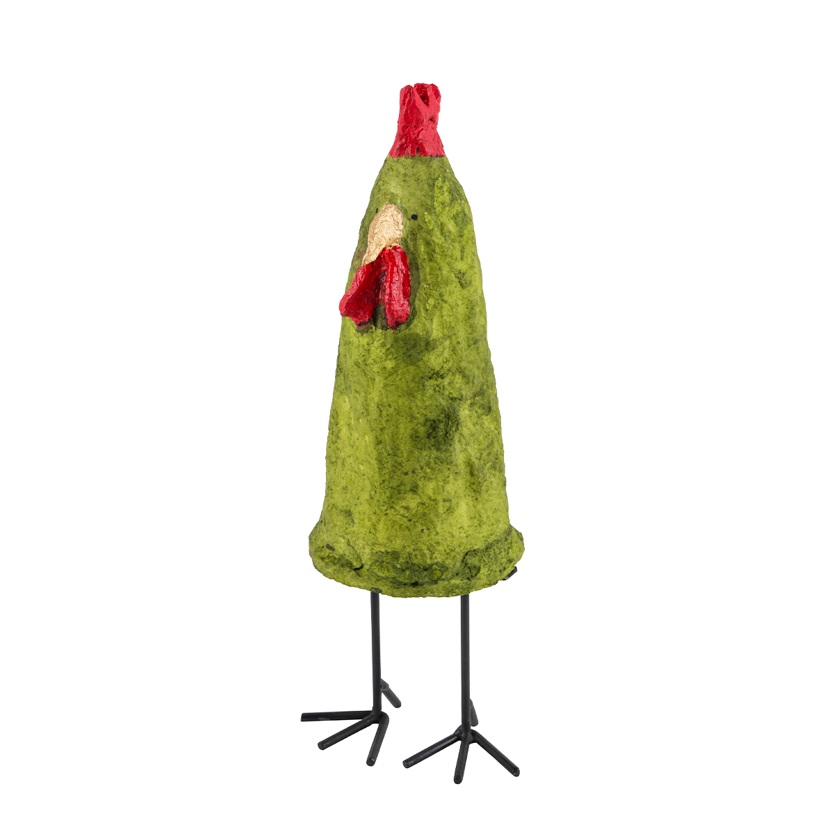 Deko Hahn auf Metallfüße, grüner schlanker Hahn aus Pappmache, 28cm