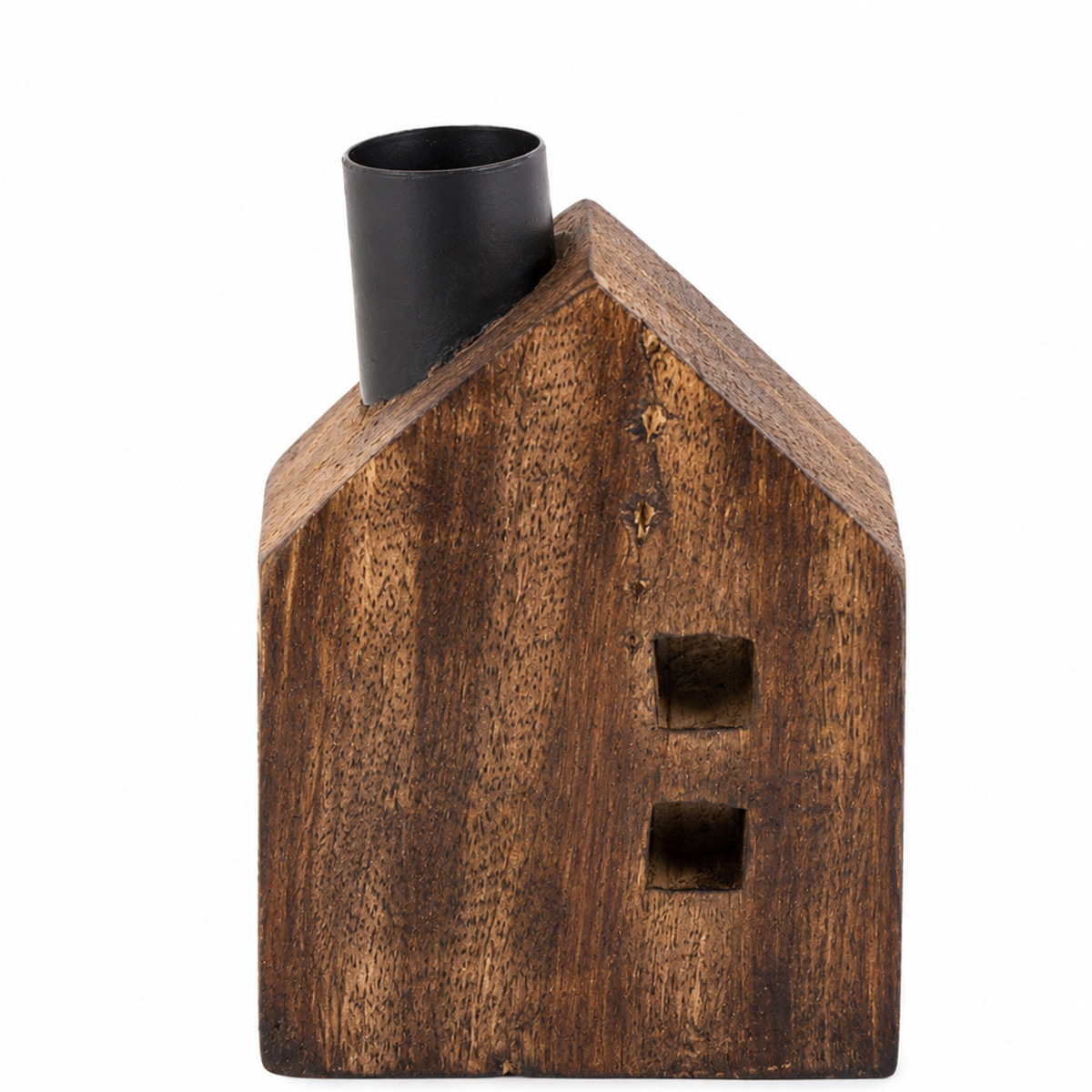 Kerzenhalter Haus mit 2 Fenster, kleiner schlichter Kerzenhalter aus Mangoholz, 9cm