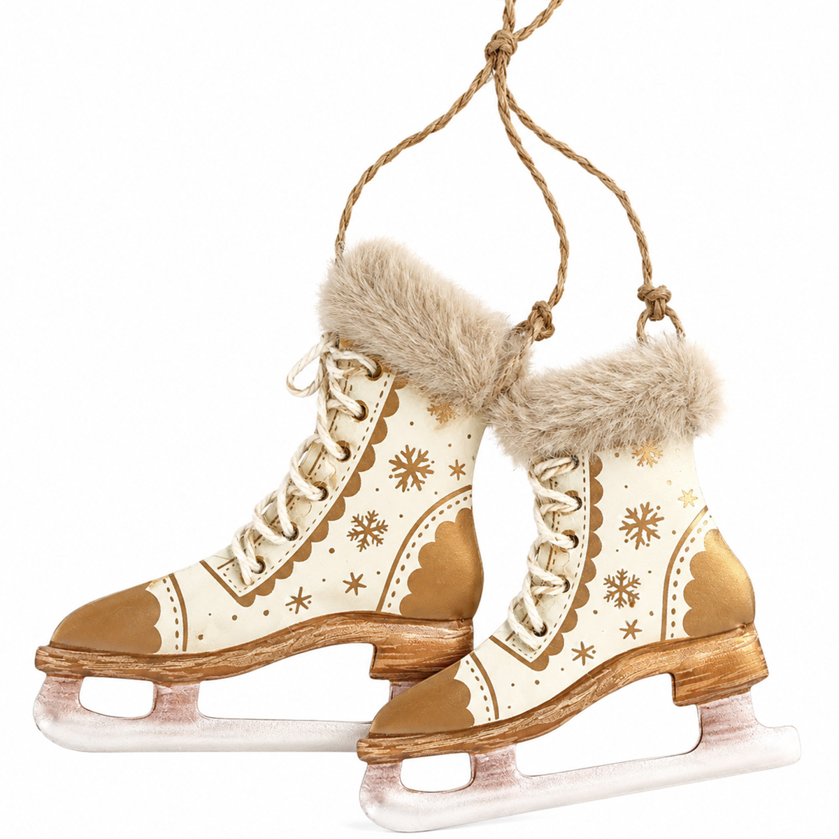 	Deko Schlittschuhe Nostalgie Look weiß-gold, Metallhänger mit Plüsch und Schneekristalle