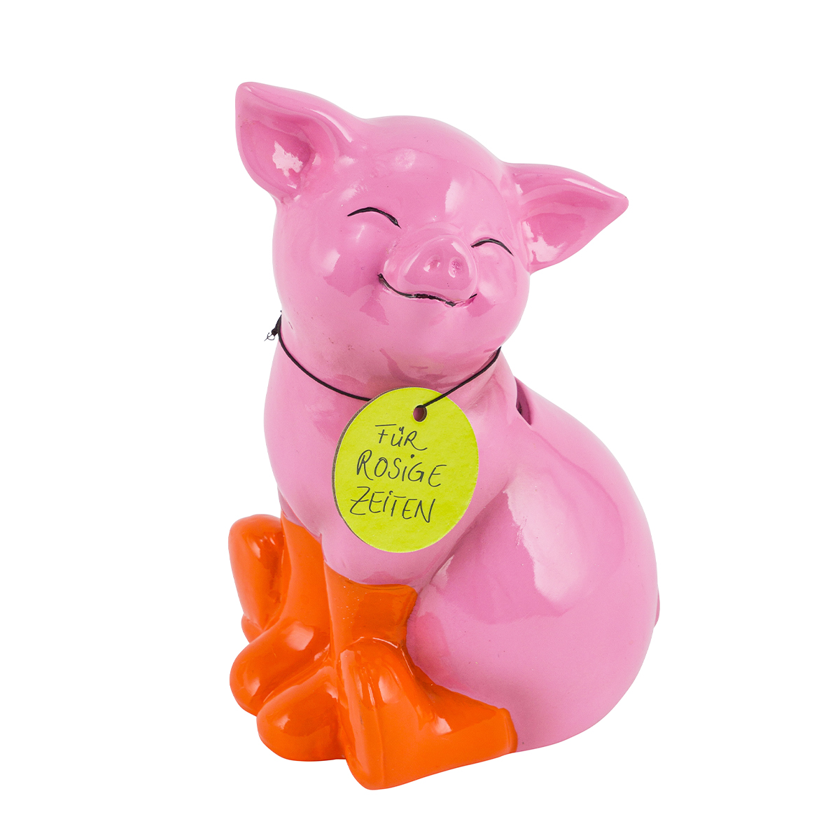 Sparschwein mit orangen Stiefel, grinsendes rosa Keramikschweinchen, 11x17cm