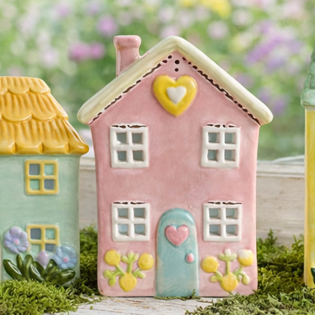 Windlicht Haus rosa, putziges Keramikhaus mit Blumen und lindgrünem Dach