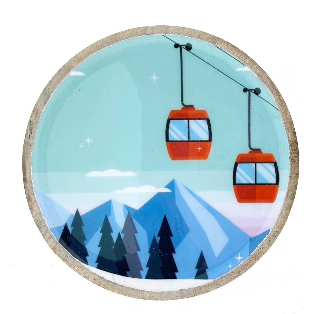 Deko Holzteller Gondel, Teller mit Bergmotiv und Seilbahn, Ø22cm