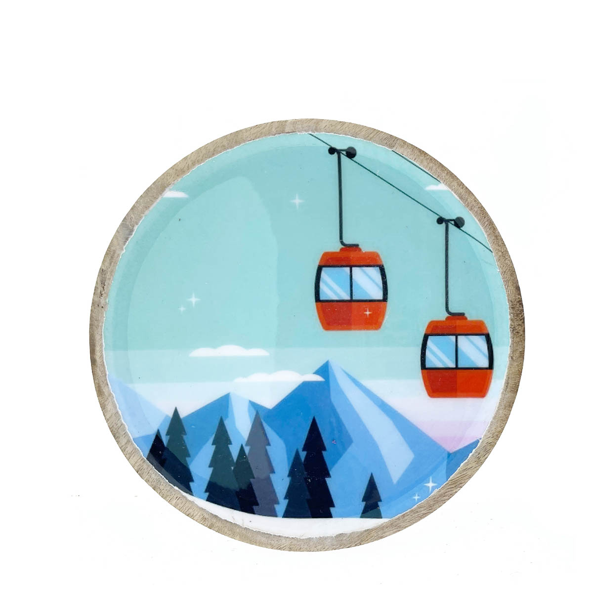 Deko Teller Gondel aus Mangoholz mit Bergmotiv und Seilbahn, Ø22cm