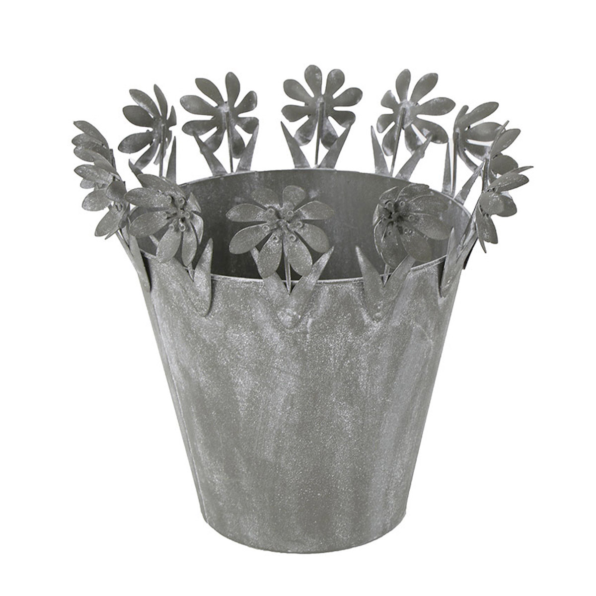 Übertopf mit Blumenrand, Zinktopf mit filigranen Blumen chabby chic grau, 20x19cm