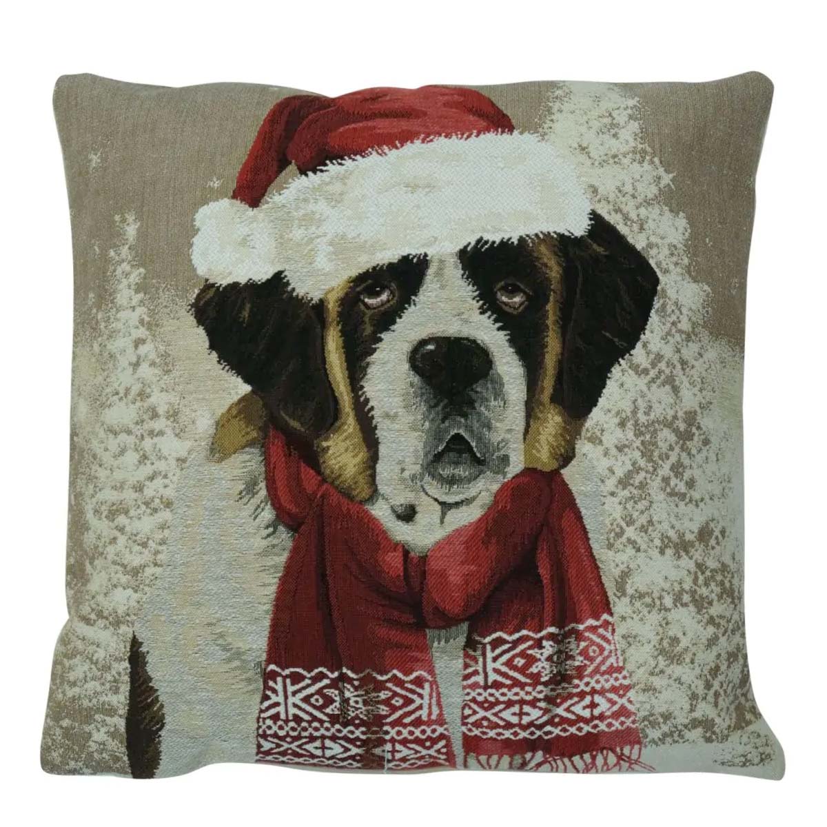 Gobelin Kissen Weihnachtshund, Bernhardiner mit Schal und Mütze, 45x45cm, Mars & More