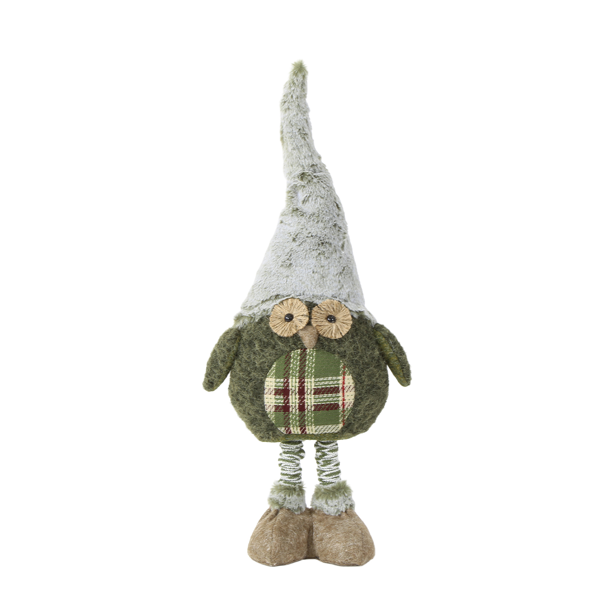 109409 Deko Eule mit Teleskopbeine und Plüschmütze, ausziehbar 50-70cm, grün