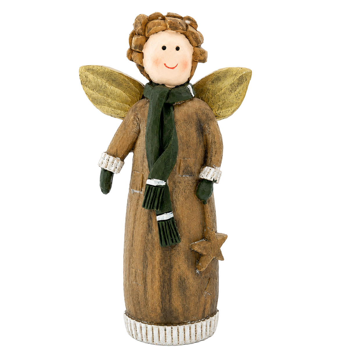 Deko Engel, Weihnachtsengel in Holzoptik mit grünem Schal und Stern