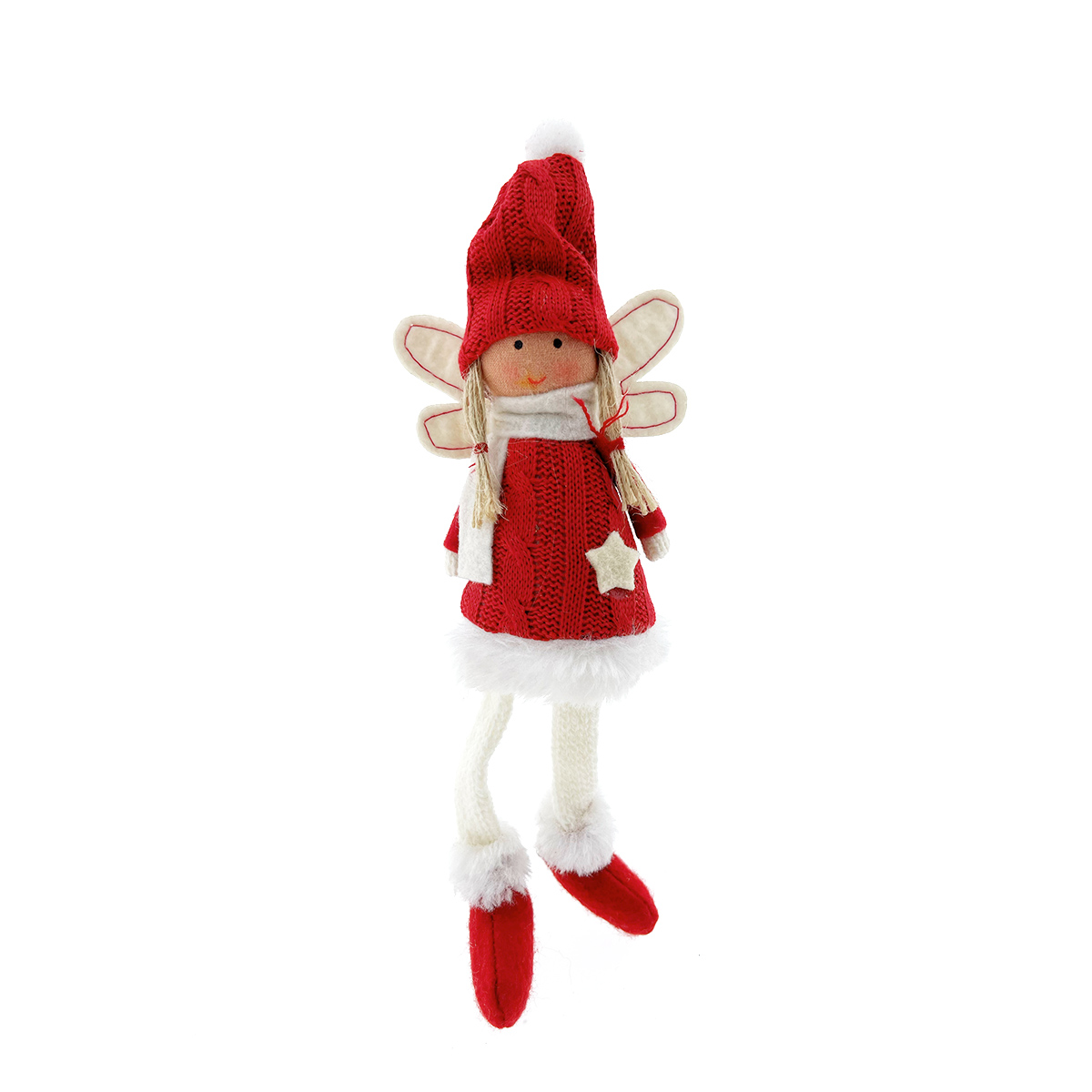 Deko Engel mit Strickkleid, Winterpüppchen gestrickt, Schlackerbeine, rot-weiß, 18cm, Kantenhocker