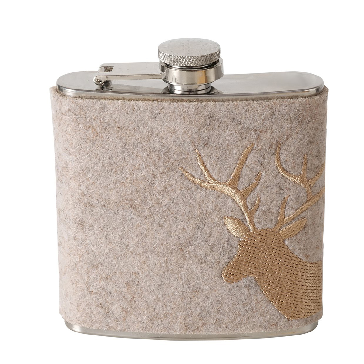 Trinkflasche Hirsch Vilbert, Flaschmann aus Filz mit Hirschkopf seitlich, 11x9cm, Boltze Home Collections