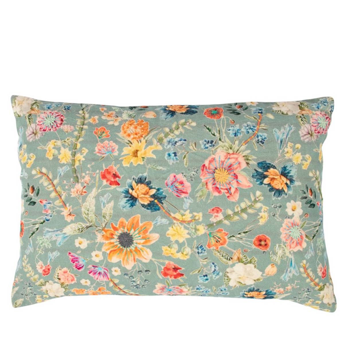 Baumwoll Kissen Wildblumen bestickt, petrolgrün, 40x60cm, Mars & More  