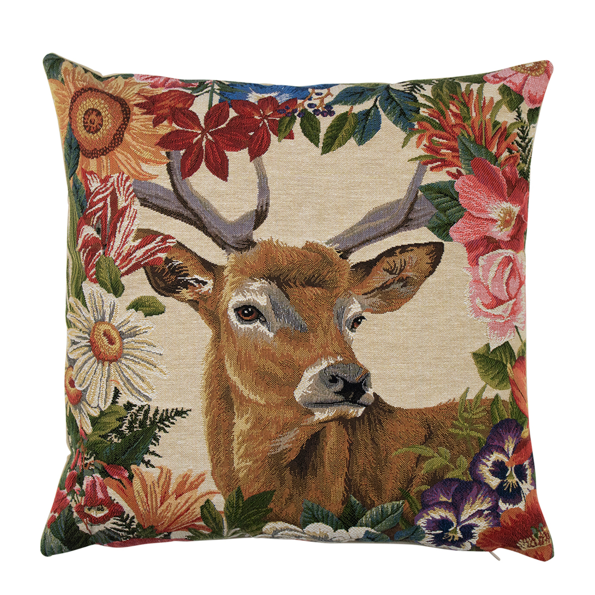 Gobelin Kissen Hirsch Stürmer, Rotwild Hirsch mit Blumen, 45x45cm, Mars & More