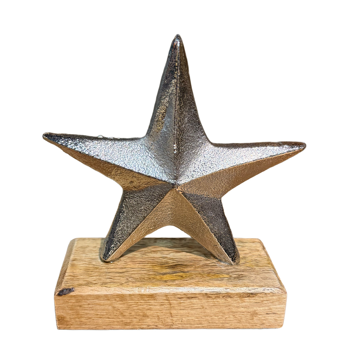 Deko Stern silber auf Holzsockel, Metallstern Weihnachten, 18cm