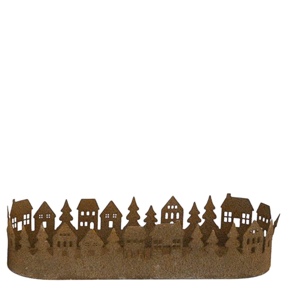 Metallschale Häuser und Bäume, länger ovaler Kerzenhalter, 47cm