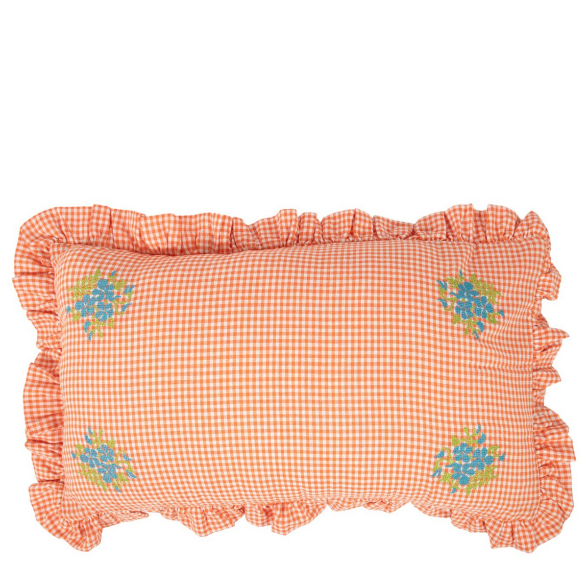 Baumwoll Kissen Vichy orange mit Blumen und Rüschen, 40x60cm, Mars & More  