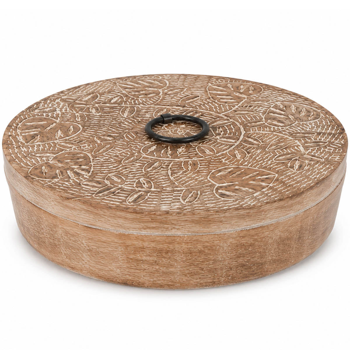 Ovale Holzbox mit Blättermotiv im Deckel