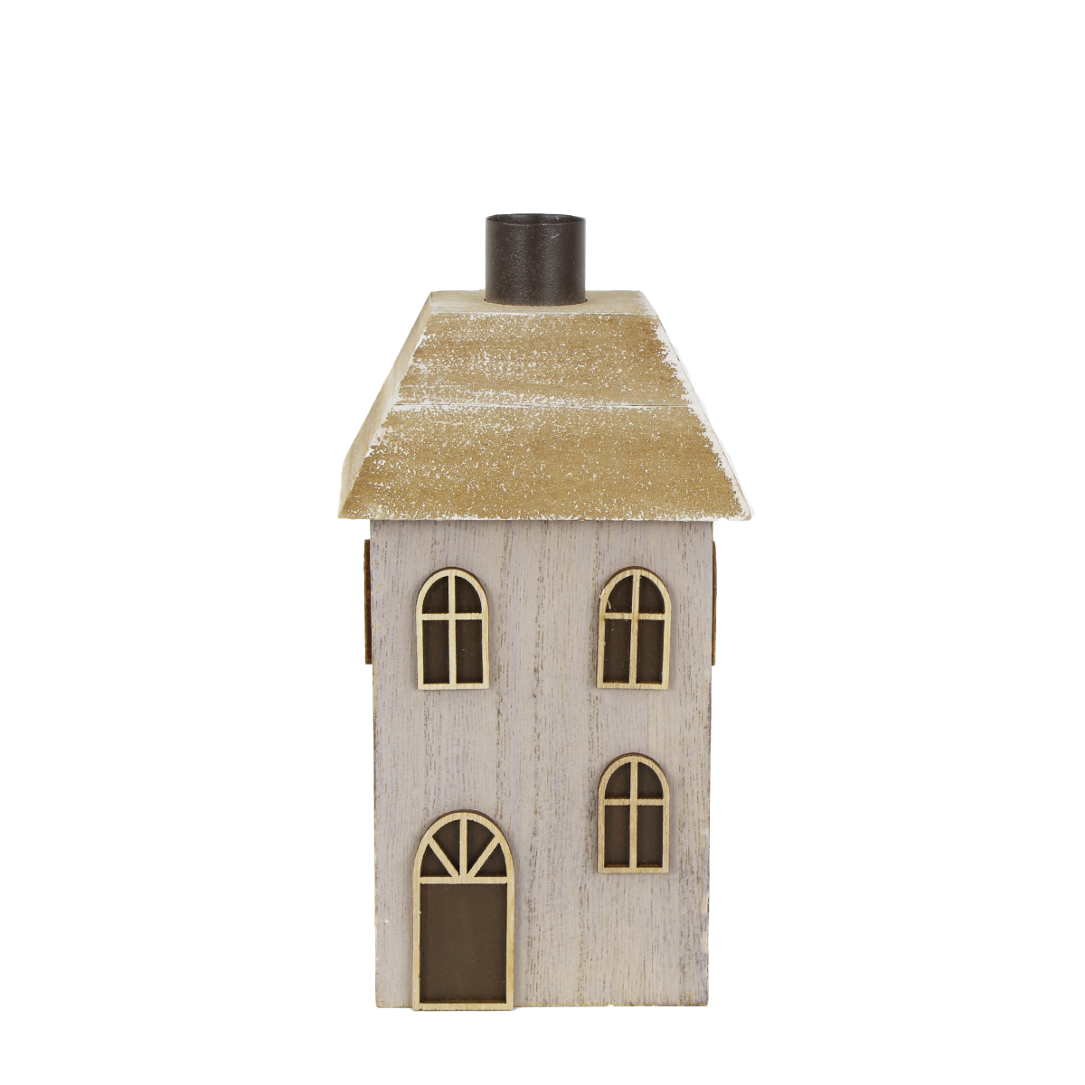 Deko Haus, Weihnachtshaus, Holzhaus mit Kamin, grau-natur, 9x7x19cm