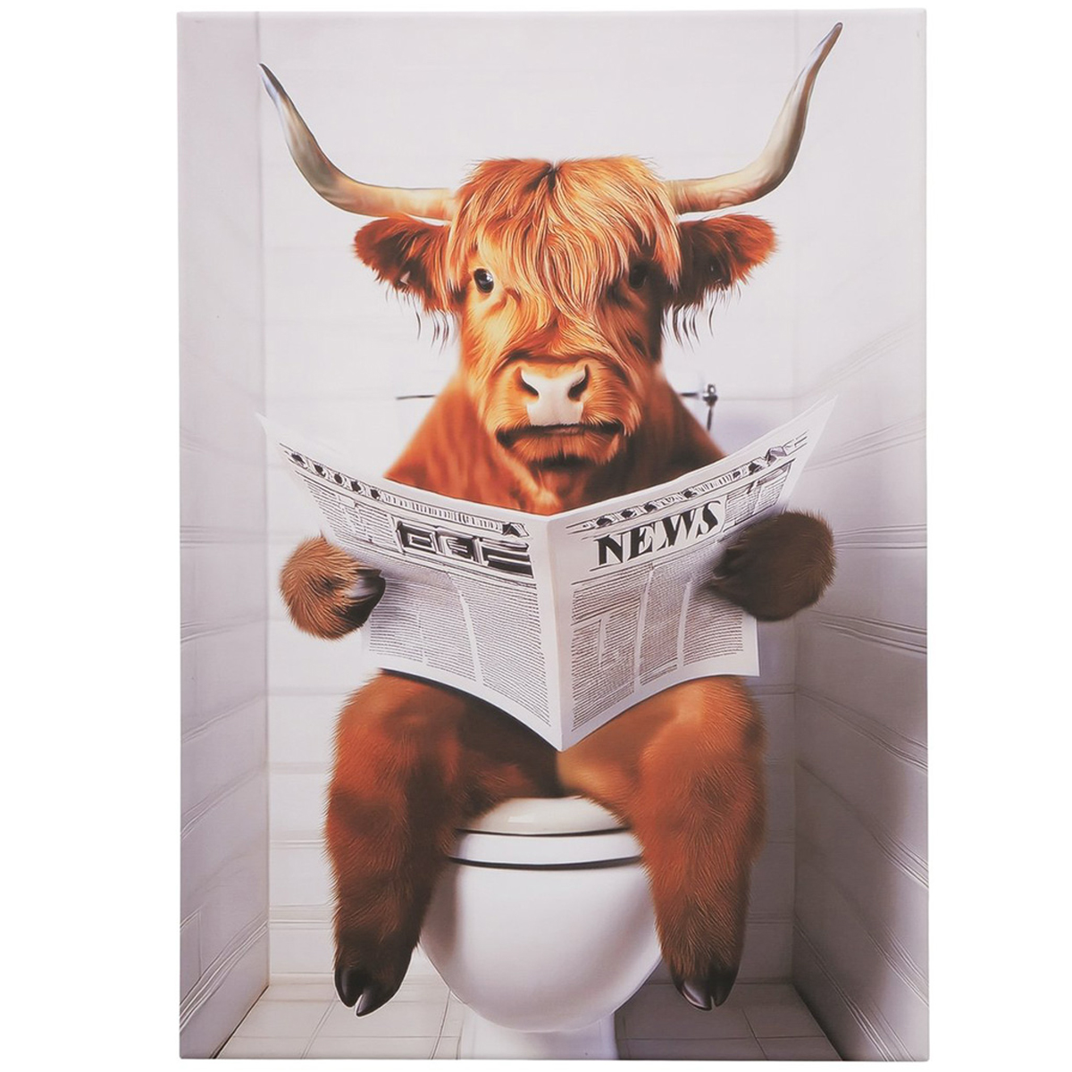 Leinwandbild lustiges Hochlandrind Lumpi beim Zeitungslesen, Stier auf Toilette, Boltze Home Collection