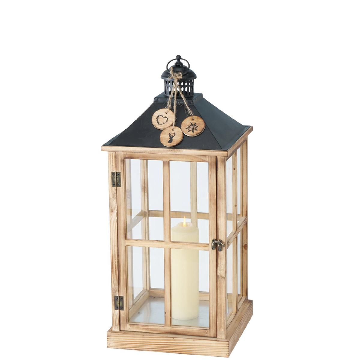 Laterne Tauern, Holzlaterne mit Metalldach und Holzhänger, 48cm, Boltze Home Collections