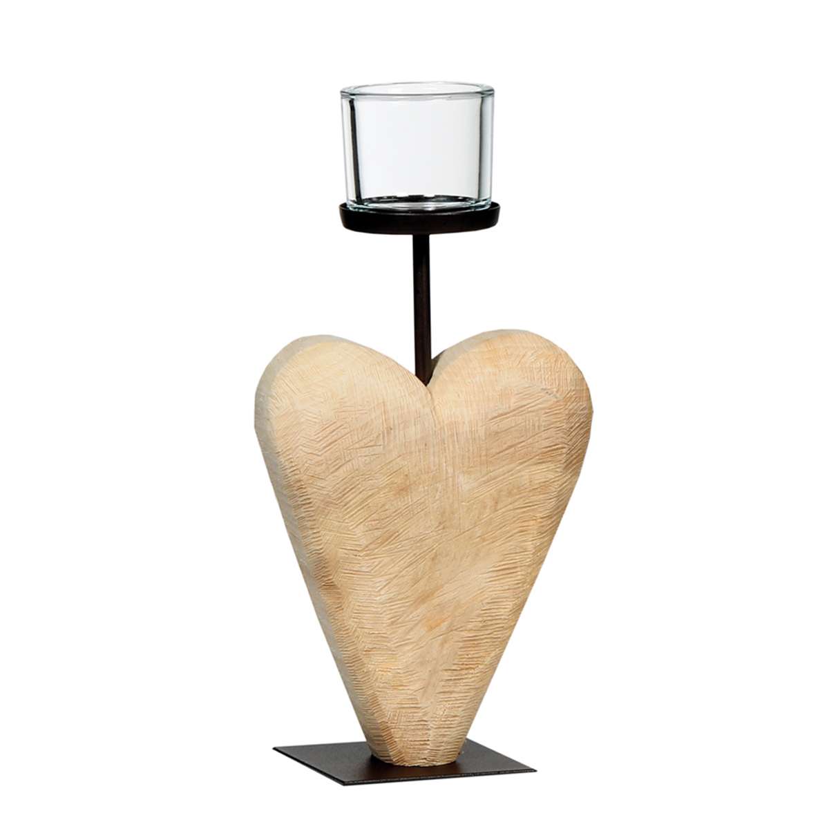 Deko Windlicht Holzherz sägerau, Naturholz-Herz auf Metallfuß, 38cm, WMG Grünberger