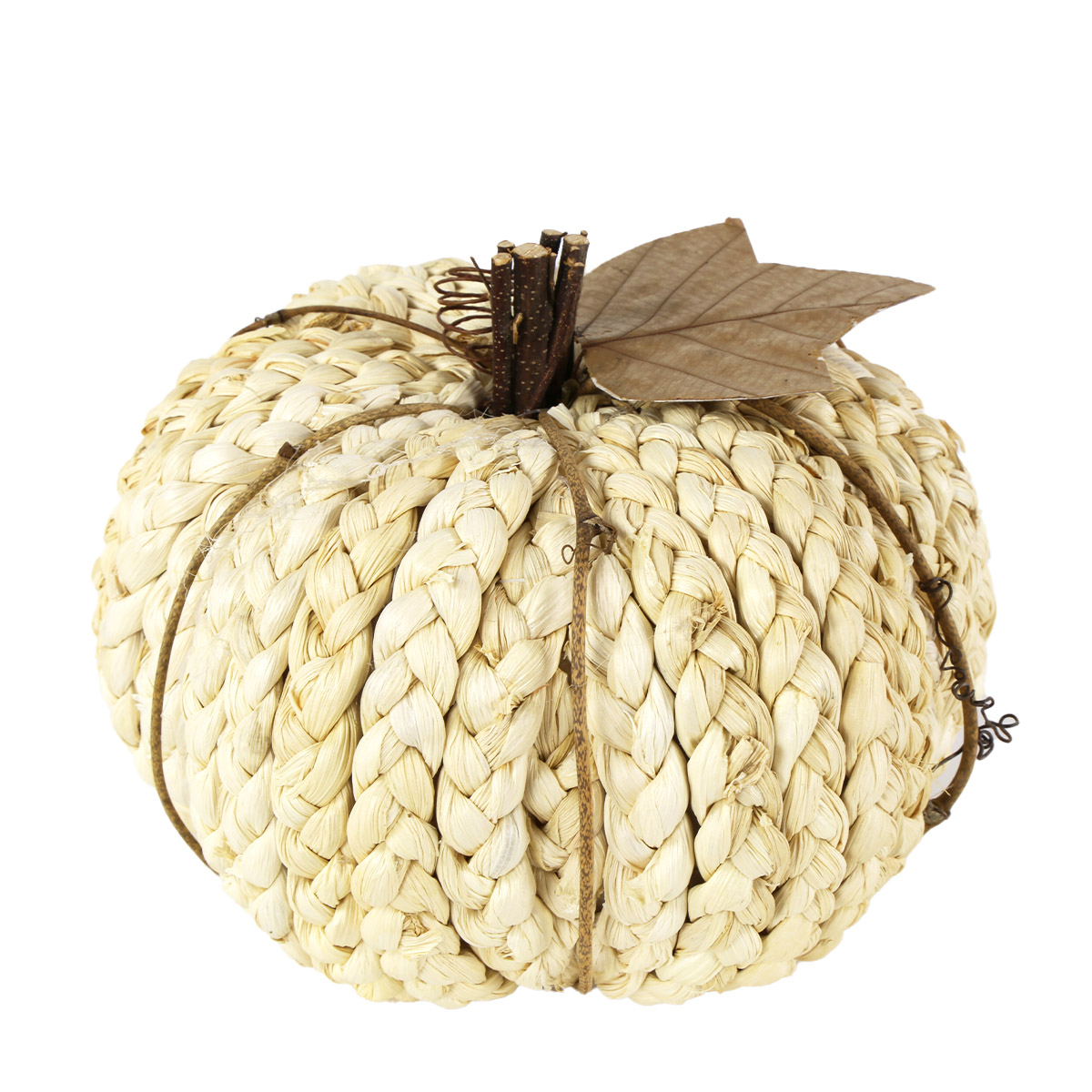 03150_01JA8HD0WXNXYS2QV057MR51XWezB0G4bygsFwT Deko Kürbis, Kürbis aus Maisstroh geflochten, mit Holzstil und Blatt, 17cm