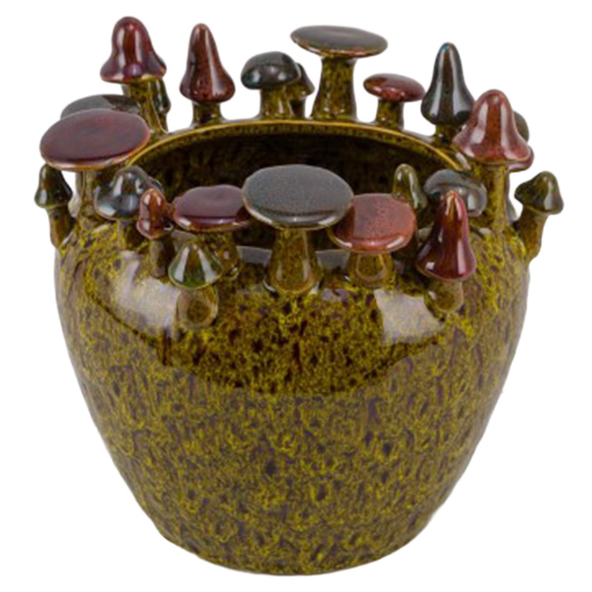 Übertopf Pilze, Steinguttopf mit Pilze, grün-braun, 19cm  