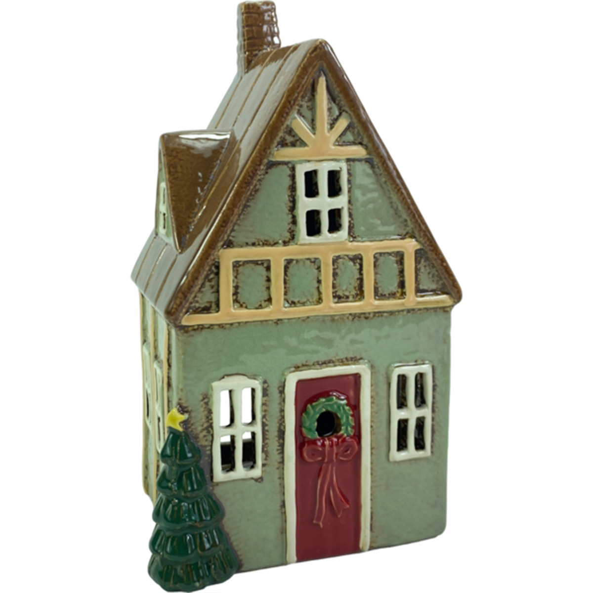 Deko Windlicht Haus grün,  Weihnachtshaus aus Keramik  
