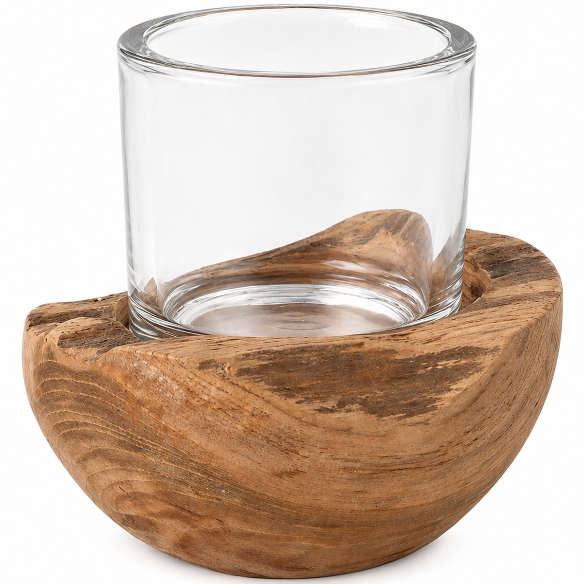 Holz Windlicht Teak unfinish, Glaszylinder auf Holzsockel, 20cm, WMG Grünberger