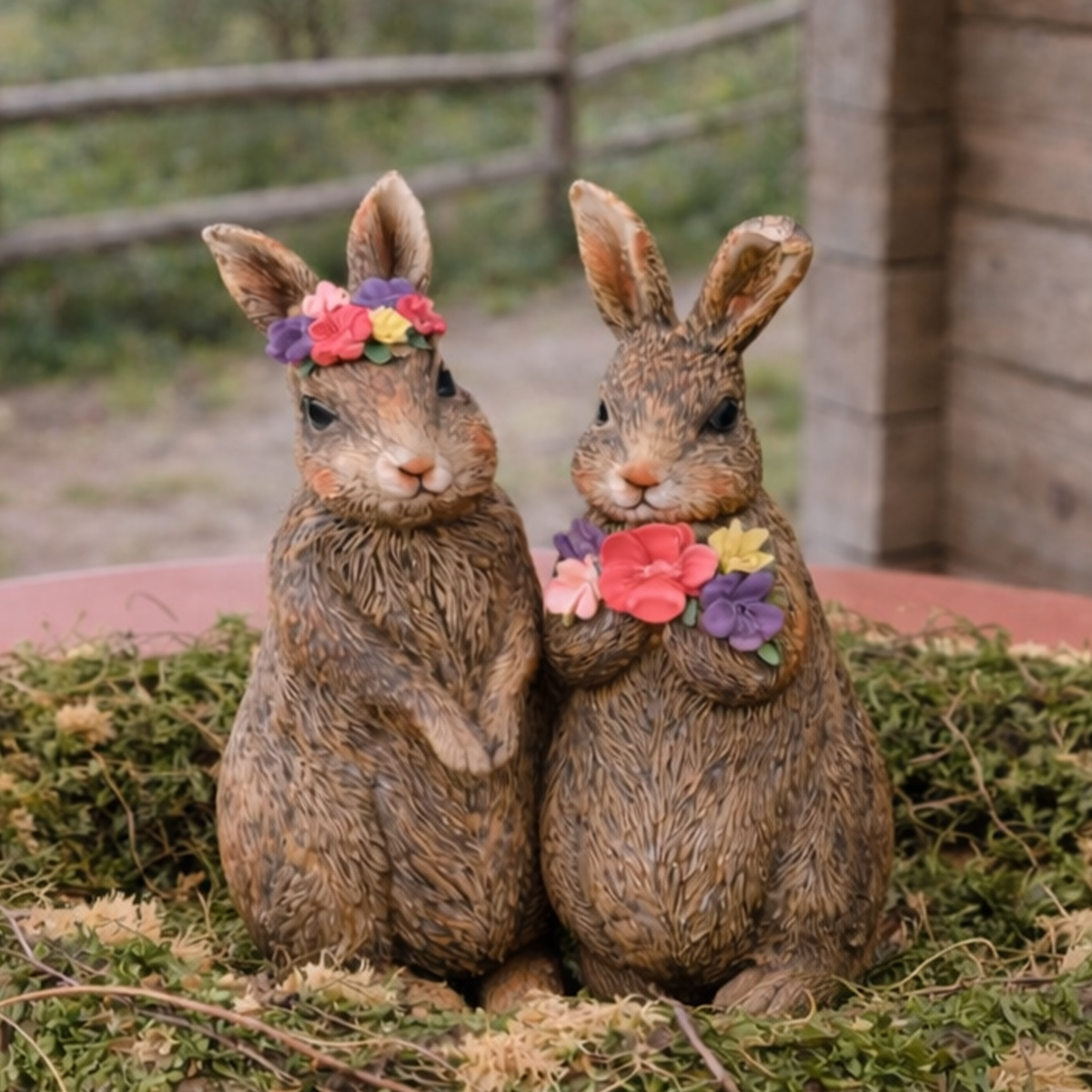 Deko Hase, Osterhase mit Blumen, 27cm, Polyresin