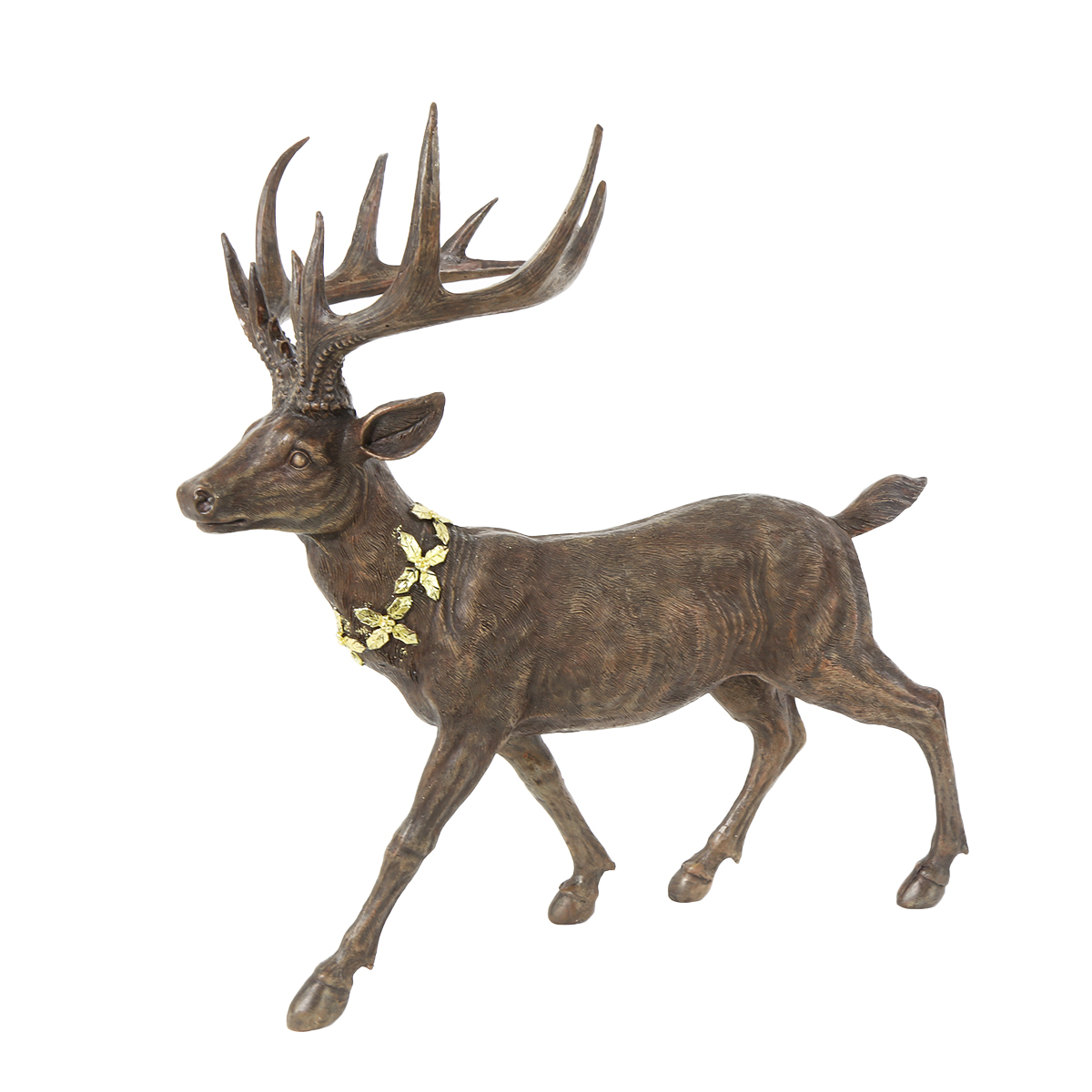 Deko Hirsch, großer brauner Hirsch mit goldenem Kranz, stehend, 39x37cm