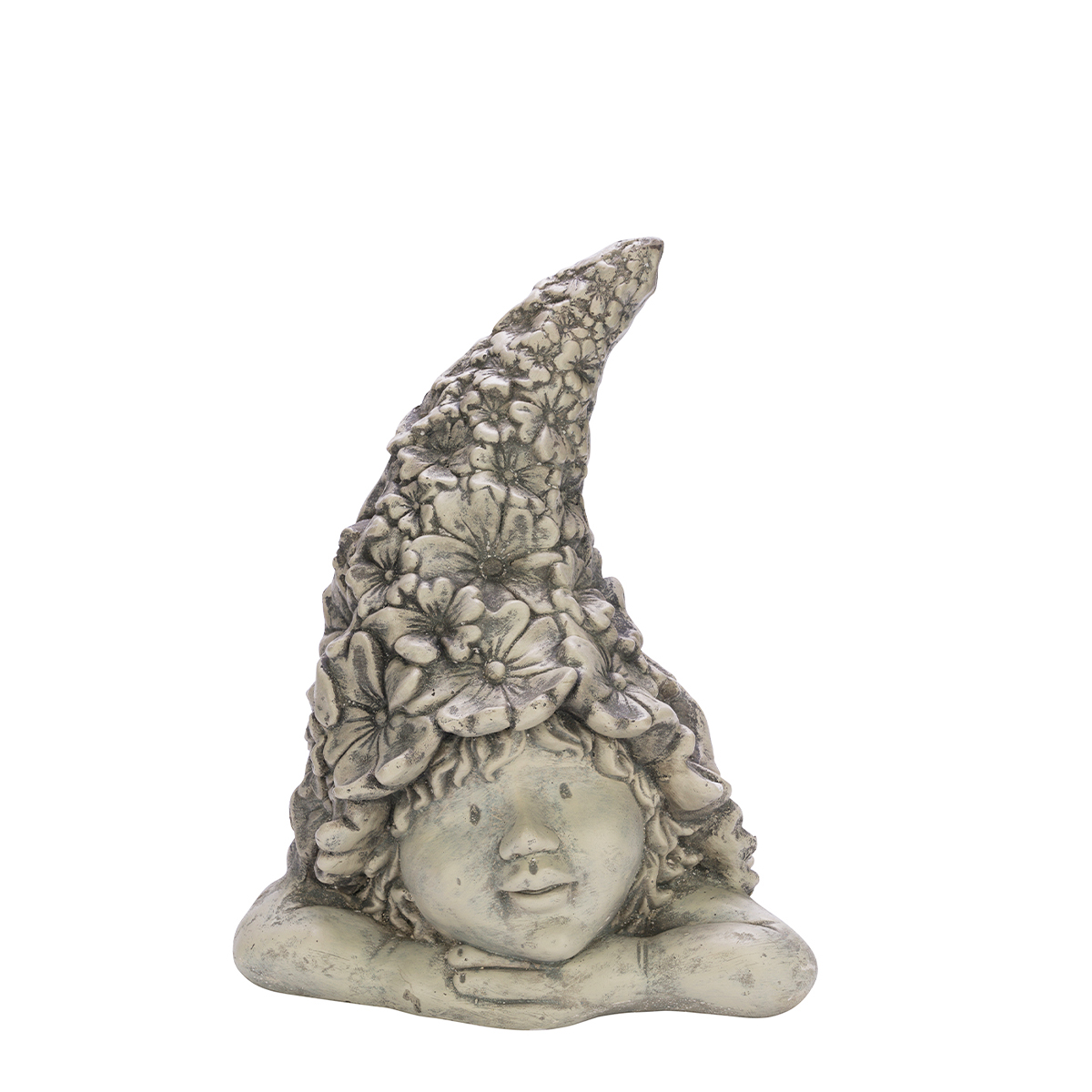 Deko Elfe mit Blumennhut, Elfenkopf grau, 21x26cm, Keramik