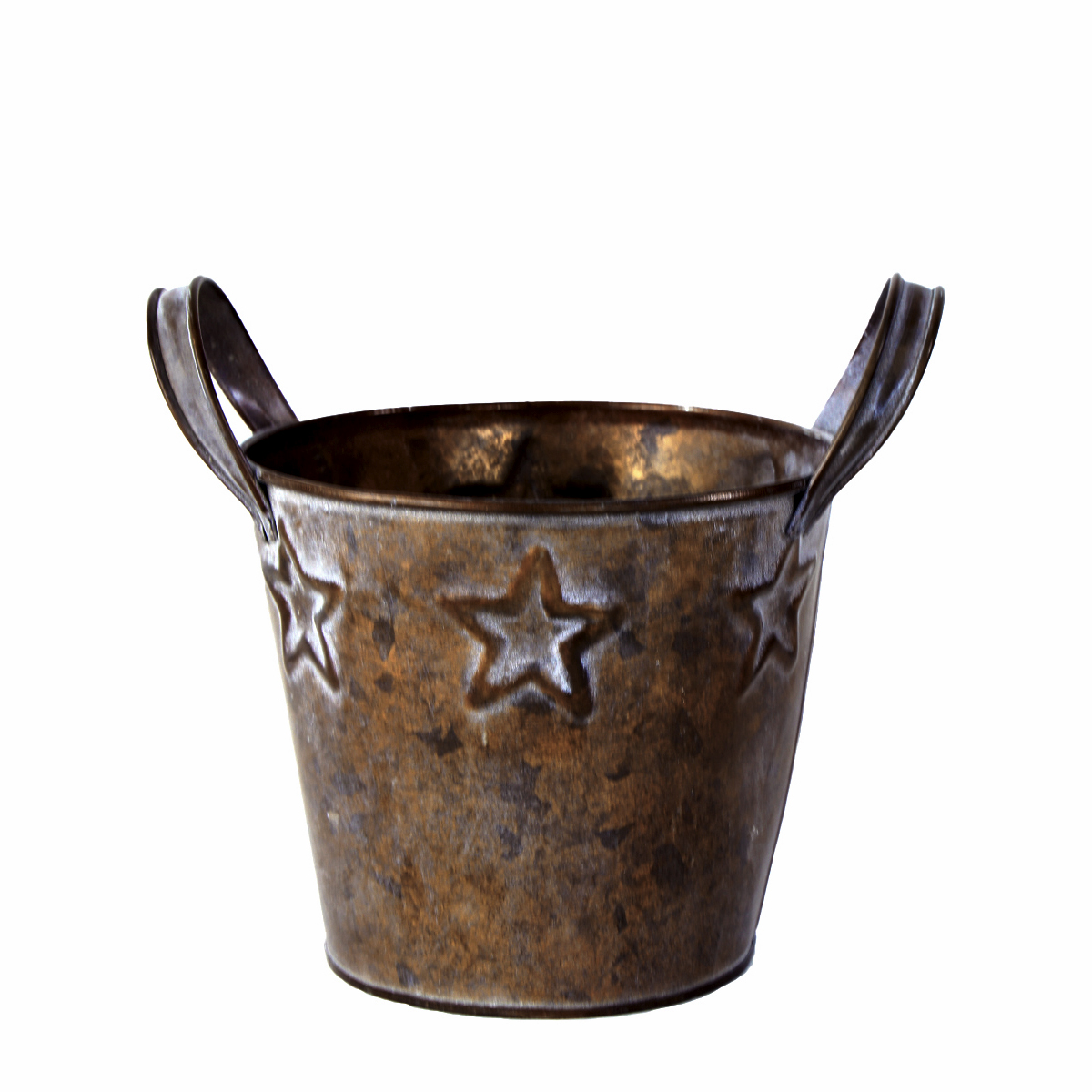 Pflanztopf Sterne Antik, Übertopf mit Henkel und Sterne, used look braun-gold, 14x11cm