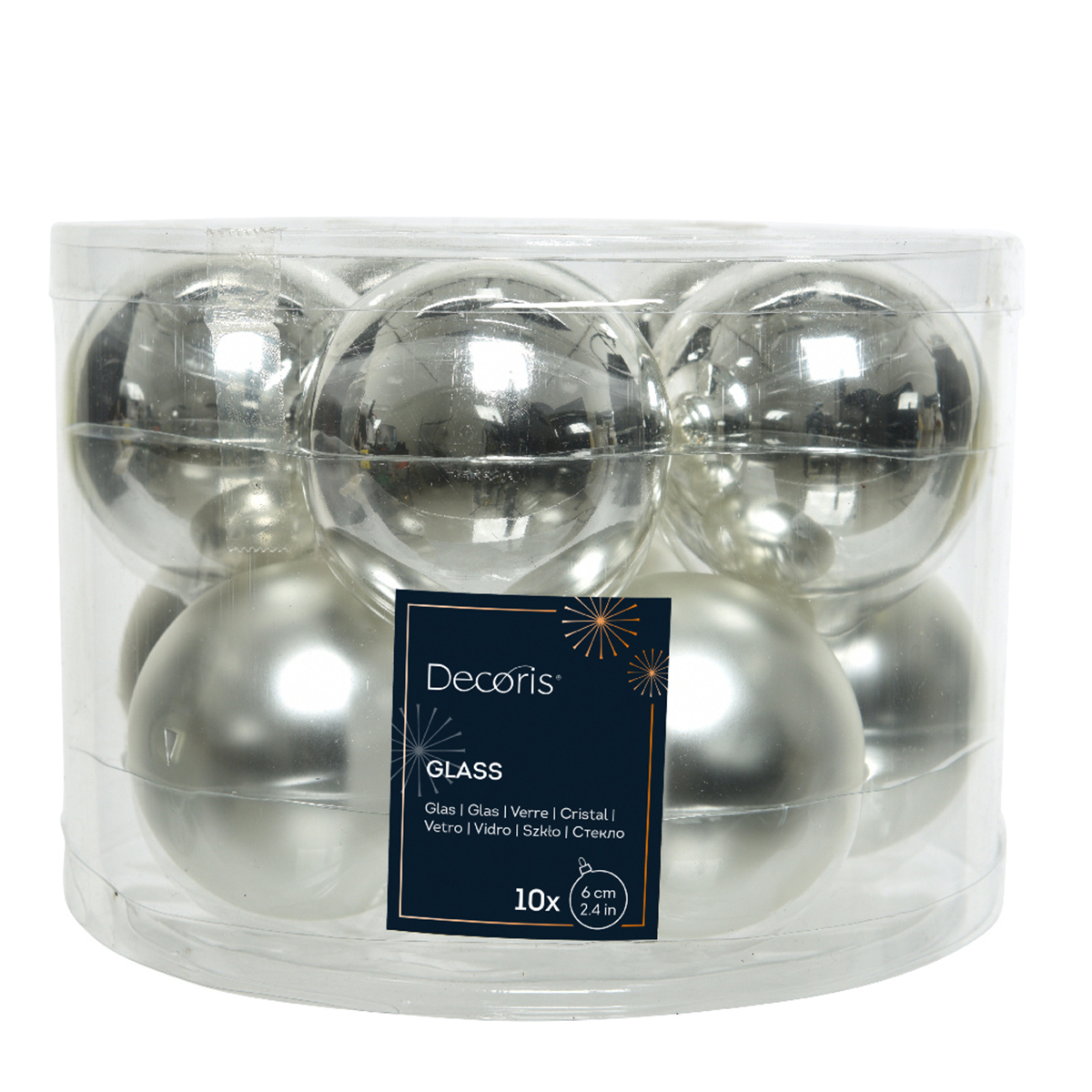 Weihnachtsbaumkugeln aus Glas, silber glanz/matt, Ø6cm, 10St/Box, Decoris