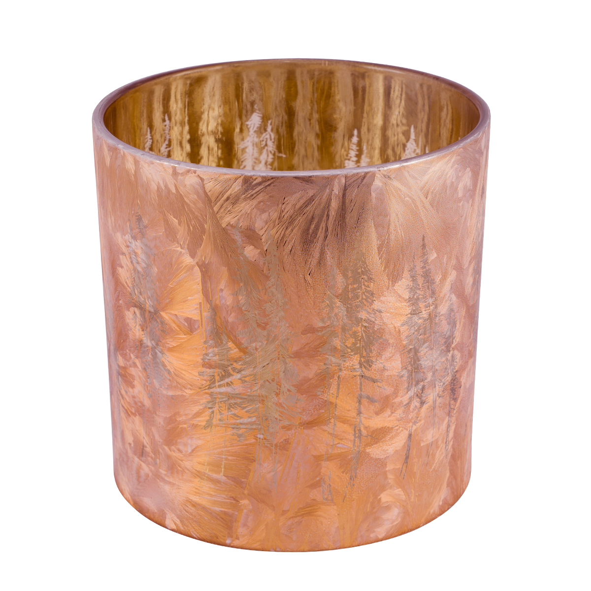 Windlicht Winterwald kupfer, Glaswindlicht mit Tannenbaum-Motiv, durchscheinend, 20cm