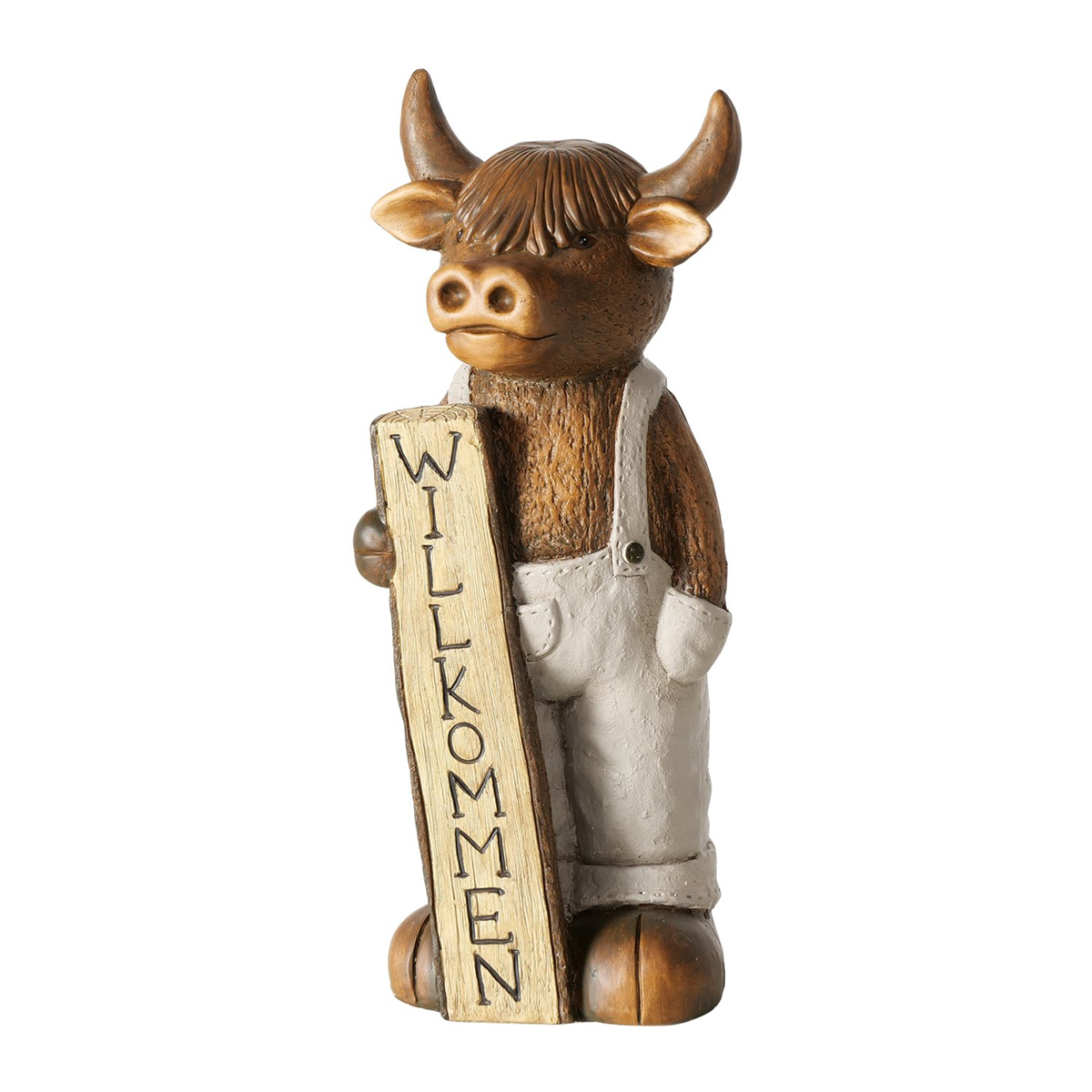 Deko Figur Schottisches Hochlandrind Buffi Willkommen, Hochlandrind mit Latzhose und Schild, Boltze 