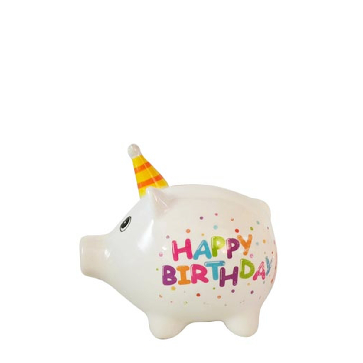 Kleine Spardose Party Schweinchen Happy Birthday, Sparschwein weiß mit Partyhut, Keramikspardose