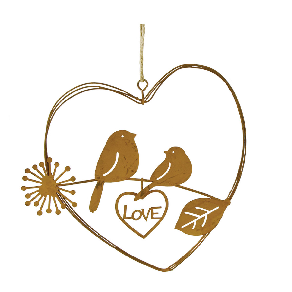Deko Herz Love, filigranes Rostherz aus dünnen Drähten mit Vögel, 15cm, Hänger, Edelrost