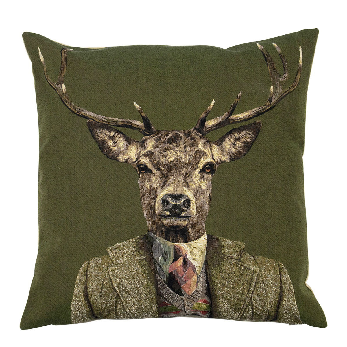 EVKSGHBThUsWyCdOrdKjDB3X5lcOogxXVzp7x4cVNMIvFH4 Gobelin Kissen Hirsch, Hirsch mit Jacke und Krawatte, grün , 45x45cm, Mars & More