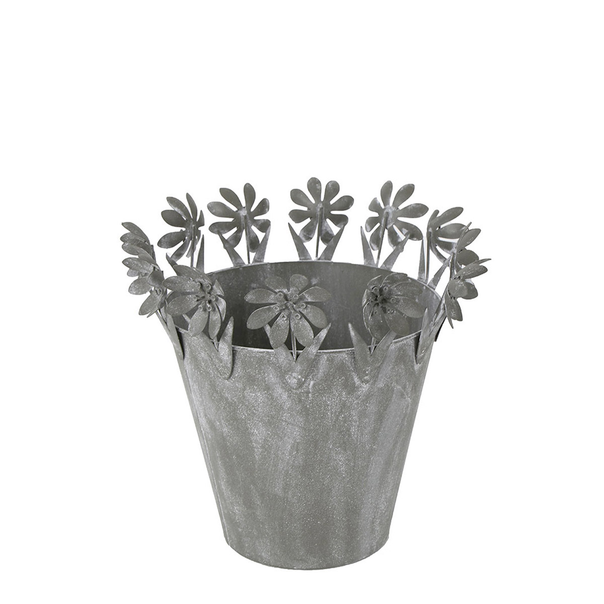 Übertopf mit Blumenrand, Zinktopf mit filigranen Blumen chabby chic grau, 15x13cm
