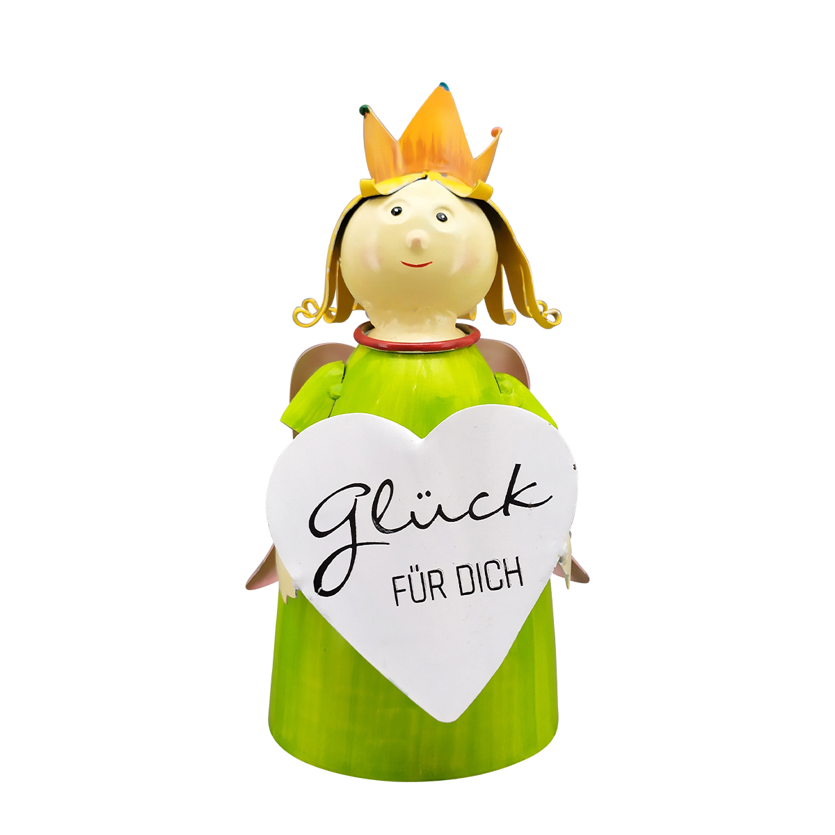 Zaunhocker Engel Schutzengel, Metallengel mit Krone und Schild: Glück für dich, 21cm