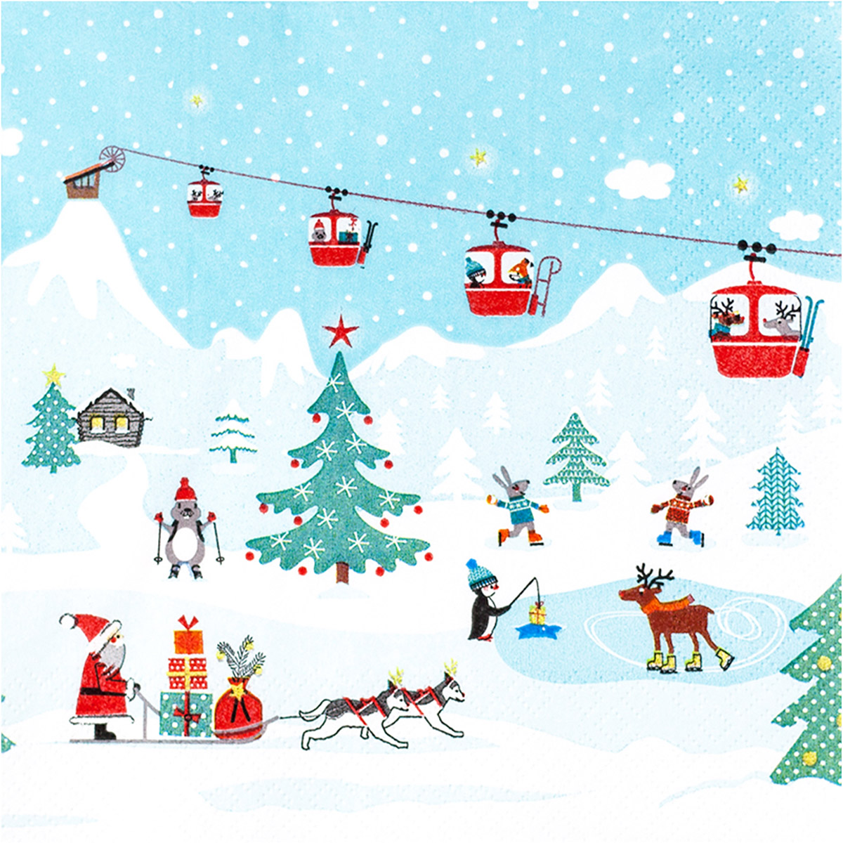Home Fashion Servietten Skigondeln, Wintersport der Tiere, 33x33cm