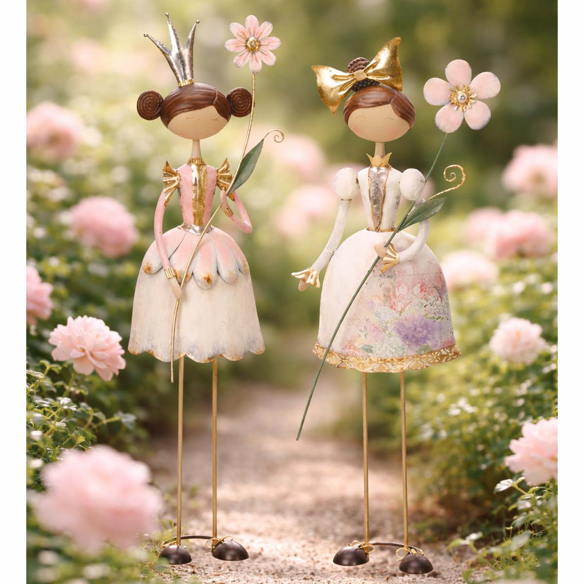 Deko Blumenmädchen, Metallfigur im Blumendesign, Krone oder Schleife, 64cm 