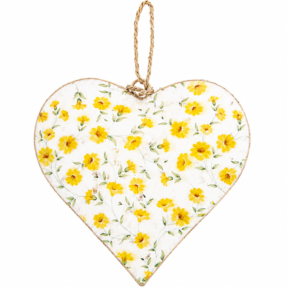 Deko Herz mit Blumen, Metallherz mit zart-gelbem Blumenmuster, 15cm