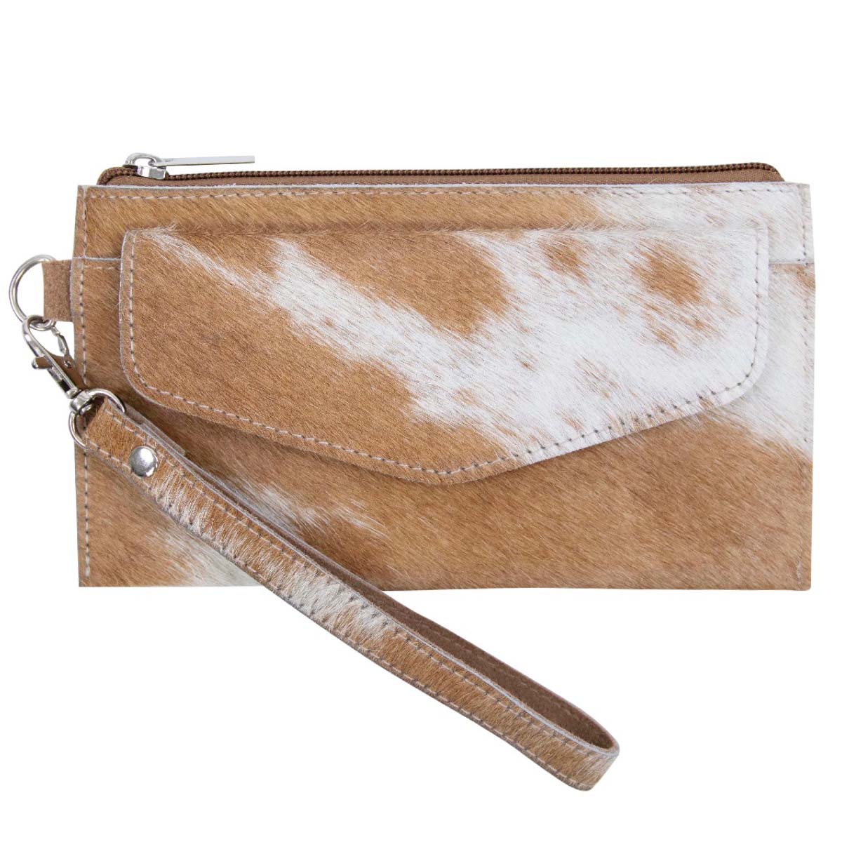 Kuhfell Mäppchen mit Außenfach, Geldbörse mit Handschlaufe braun-weiß, 20x11cm, Mars & More