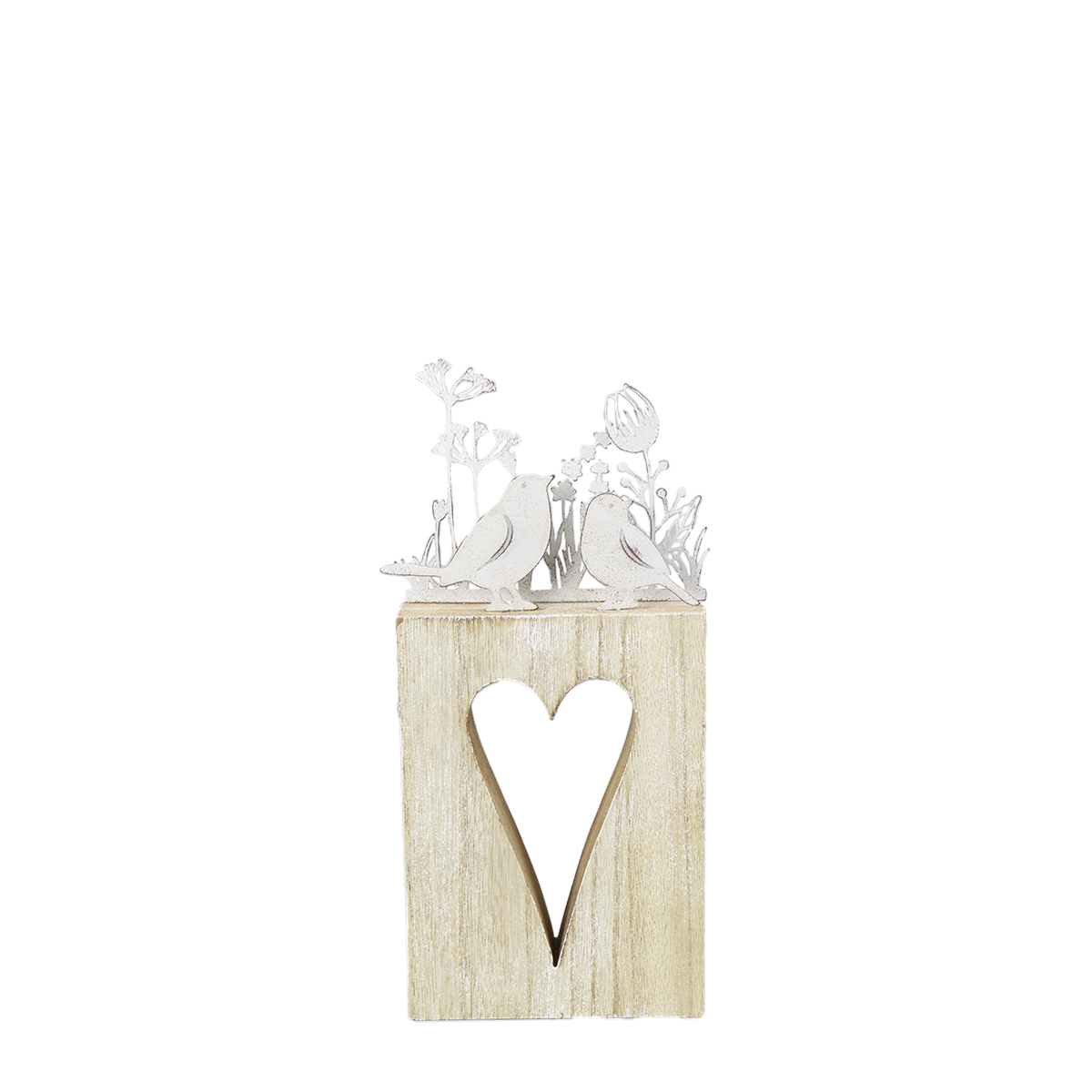 Dekoobjekt Vögel und Blumen auf Holzherz, weiß-natur, 25x11cm, Aufsteller